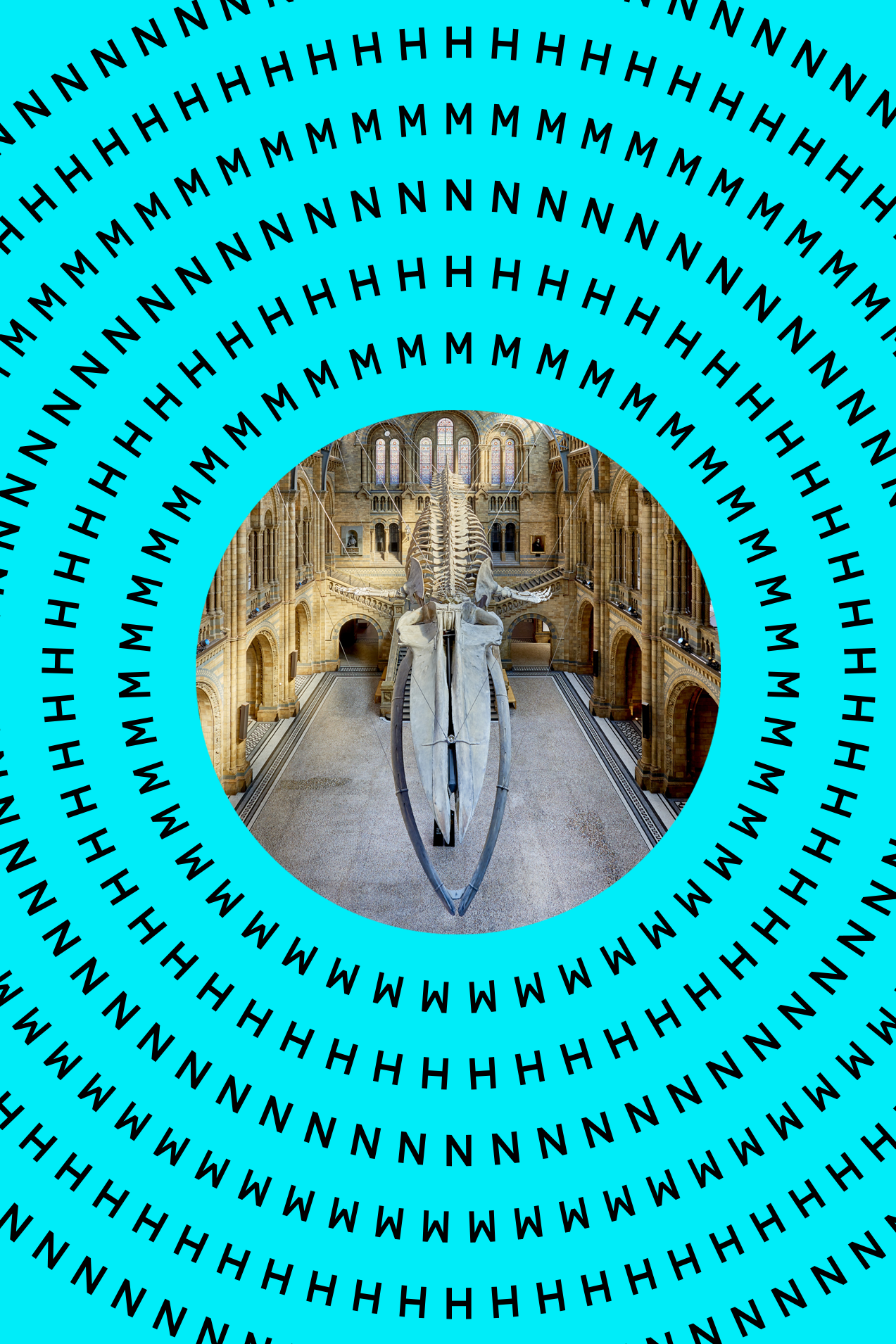 A circular photograph of Hope the blue whale skeleton suspended in Hintze Hall is surrounded by emanating word rings with the initials NHM in dark blue